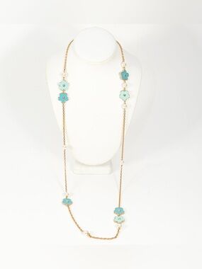 Gold Tone Turquoise Clover And Pearl Station Necklace